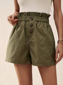 SHEIN LUNE Quần đùi nữ Túi Nút phía trước Quần paper-bag màu trơn Giải trí - màu xanh lá - Xem 3