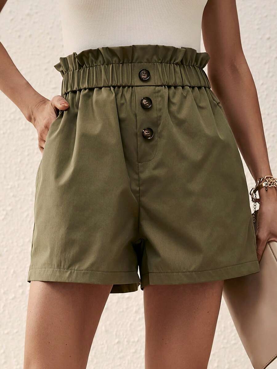 SHEIN LUNE Quần đùi nữ Túi Nút phía trước Quần paper-bag màu trơn Giải trí - màu xanh lá - Xem 1