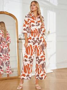 SHEIN Clasi 滿版印花落肩袖襯衫和闊腿褲 - 彩色 - 查看 4