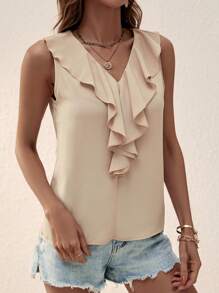 SHEIN Clasi Áo sơ mi nữ Xù màu trơn Giải trí - Màu Khaki - Xem 5