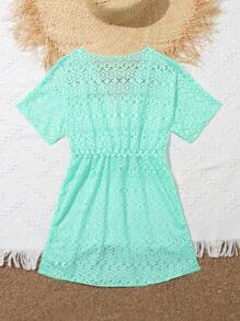 Tween Girl Solid Hollow Out Surplice Neck Cover Up - Green - View 2