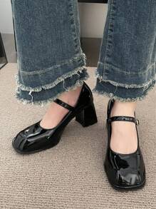 優雅黑色瑪麗珍淺口皮鞋女士方頭粗跟淺口皮鞋 - 黑色 - 查看 6