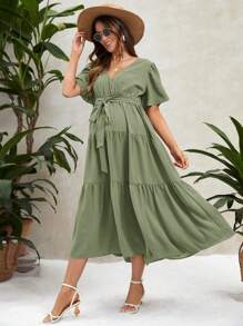 SHEIN Váy Bà bầu Thắt lưng Viên lá sen phân lớp Trọn gói màu trơn Dễ thương - xanh quân đội - Xem 1