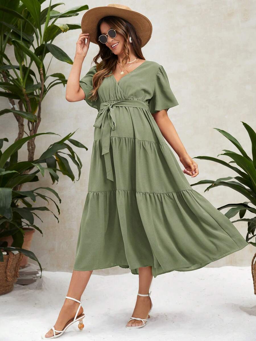SHEIN Váy Bà bầu Thắt lưng Viên lá sen phân lớp Trọn gói màu trơn Dễ thương - xanh quân đội - Xem 1