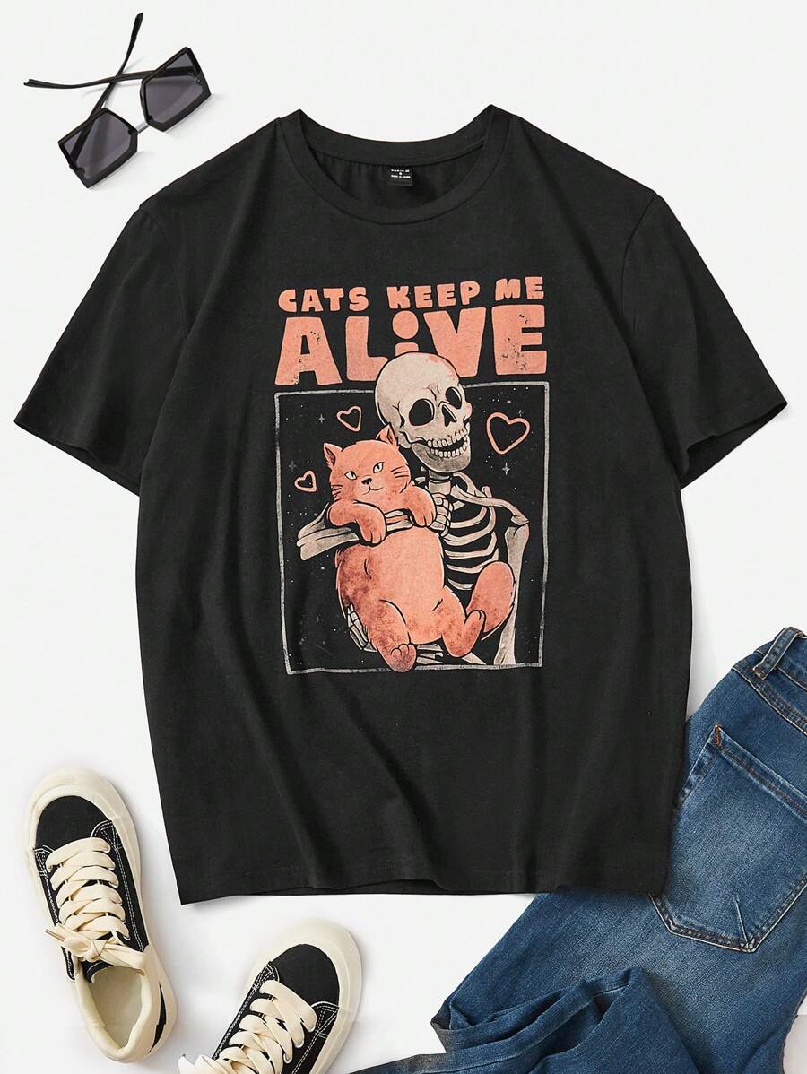 Eduely 标语和骷髅印花 T 恤，女装，夏季，100% 纯棉，节日，感恩节 - 黑色 - 查看 1