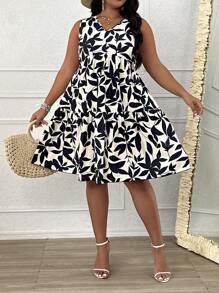 SHEIN LUNE Plus Allover Plants Print Smock Dress - Black and White - View 4