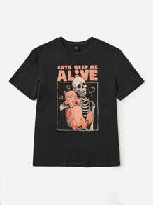 Eduely 标语和骷髅印花 T 恤，女装，夏季，100% 纯棉，节日，感恩节 - 黑色 - 查看 3