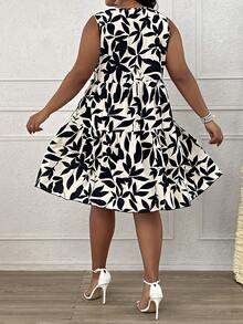 SHEIN LUNE Plus Allover Plants Print Smock Dress - Black and White - View 2