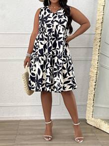 SHEIN LUNE Plus Allover Plants Print Smock Dress - Black and White - View 5