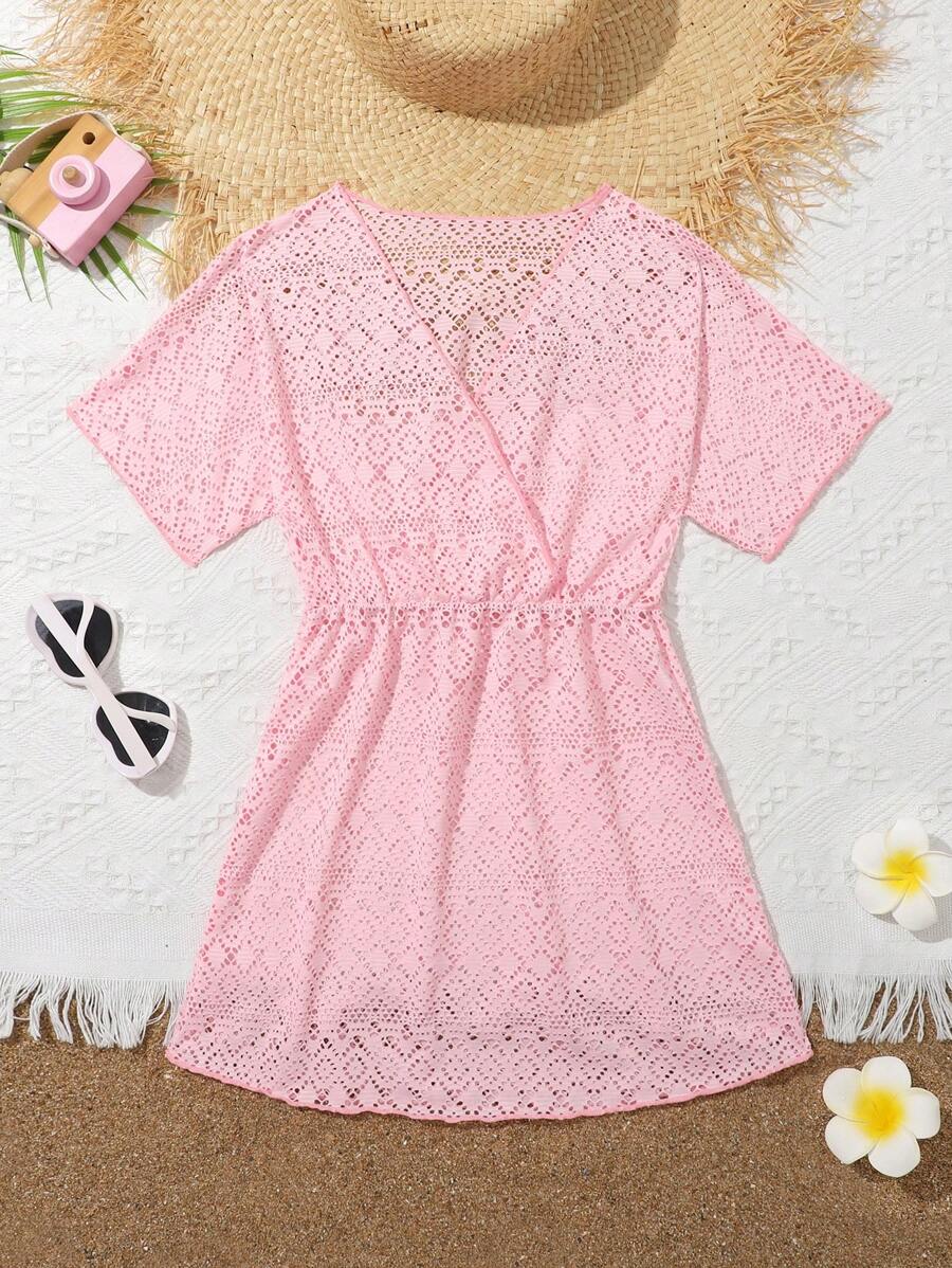 Tween Girl Solid Hollow Out Surplice V Neck Cover Up - Pink - View 1