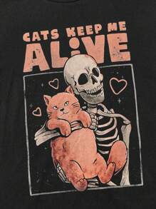 Eduely 标语和骷髅印花 T 恤，女装，夏季，100% 纯棉，节日，感恩节 - 黑色 - 查看 5