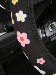 1pc Flower Pattern Polyester Elastic Steering Wheel Cover - Multicolor - View 4