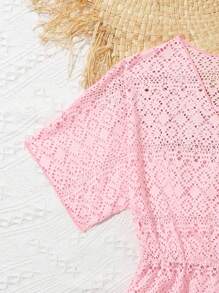 Tween Girl Solid Hollow Out Surplice V Neck Cover Up - Pink - View 4