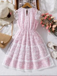 女孩花卉刺繡網紗覆蓋荷葉邊洋裝 - 淺粉色 - 查看 2