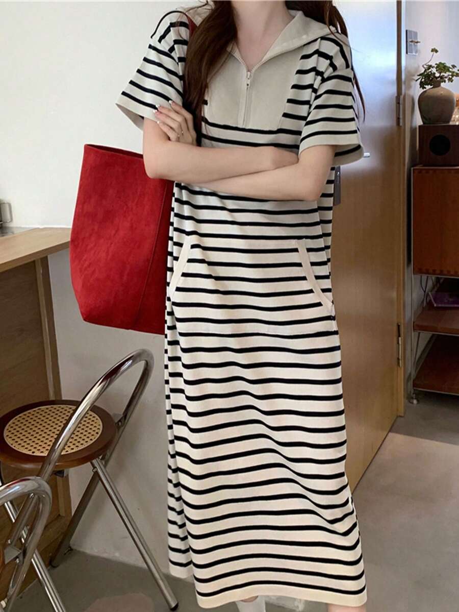 條紋圖案半拉鏈T恤洋裝