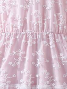女孩花卉刺繡網紗覆蓋荷葉邊洋裝 - 淺粉色 - 查看 6