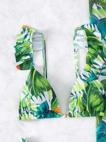 SHEIN Swim Summer Beach Tropical Print Ruffle Trim Bikini Set With Beach Skirt - Green - View 3