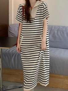 條紋圖案半拉鏈T恤洋裝