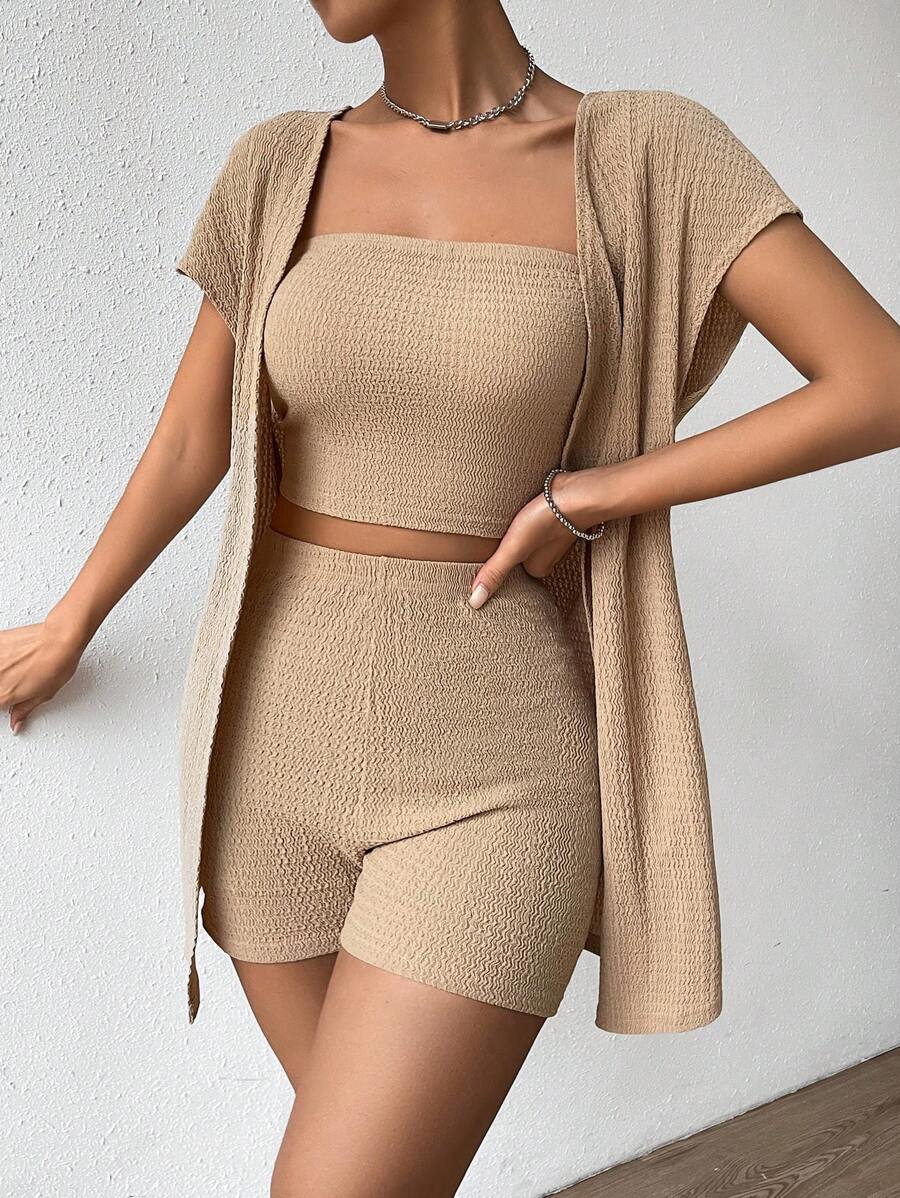 Chiquease 素色抹胸上衣和短褲和開門襟外套 - 卡其色 - 查看 1