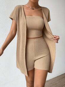 Chiquease 素色抹胸上衣和短褲和開門襟外套 - 卡其色 - 查看 3