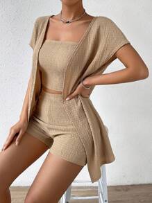 Chiquease 素色抹胸上衣和短褲和開門襟外套 - 卡其色 - 查看 6