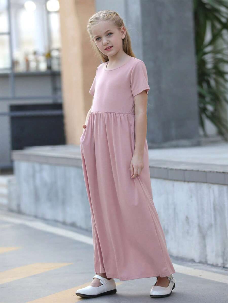 Tween Girl Solid Pocket Side Dress - Dusty Pink - View 1