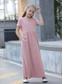 Tween Girl Solid Pocket Side Dress - Dusty Pink - View 3