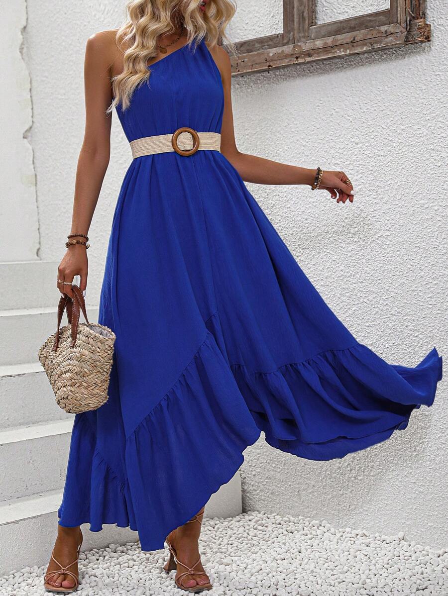 SHEIN VCAY One Shoulder Ruffle Hem Dress Without Belt - Royal Blue - View 1