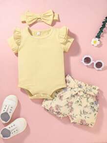 Baby Girl Ruffle Trim Bodysuit & Floral Shorts & Headband - Yellow - View 1