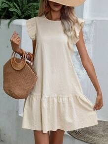 Breezaya Solid Ruffle Hem Smock Dress Vacation Beach Outfits Women - Apricot - View 3