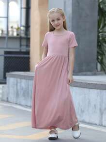 Tween Girl Solid Pocket Side Dress - Dusty Pink - View 4