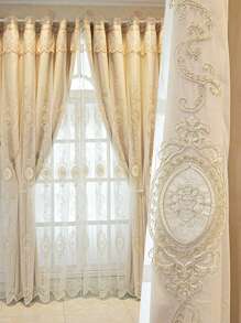 刺繡細節單片窗簾歐式滌綸遮光窗簾適用於客廳和臥室 - 米色 - 查看 1