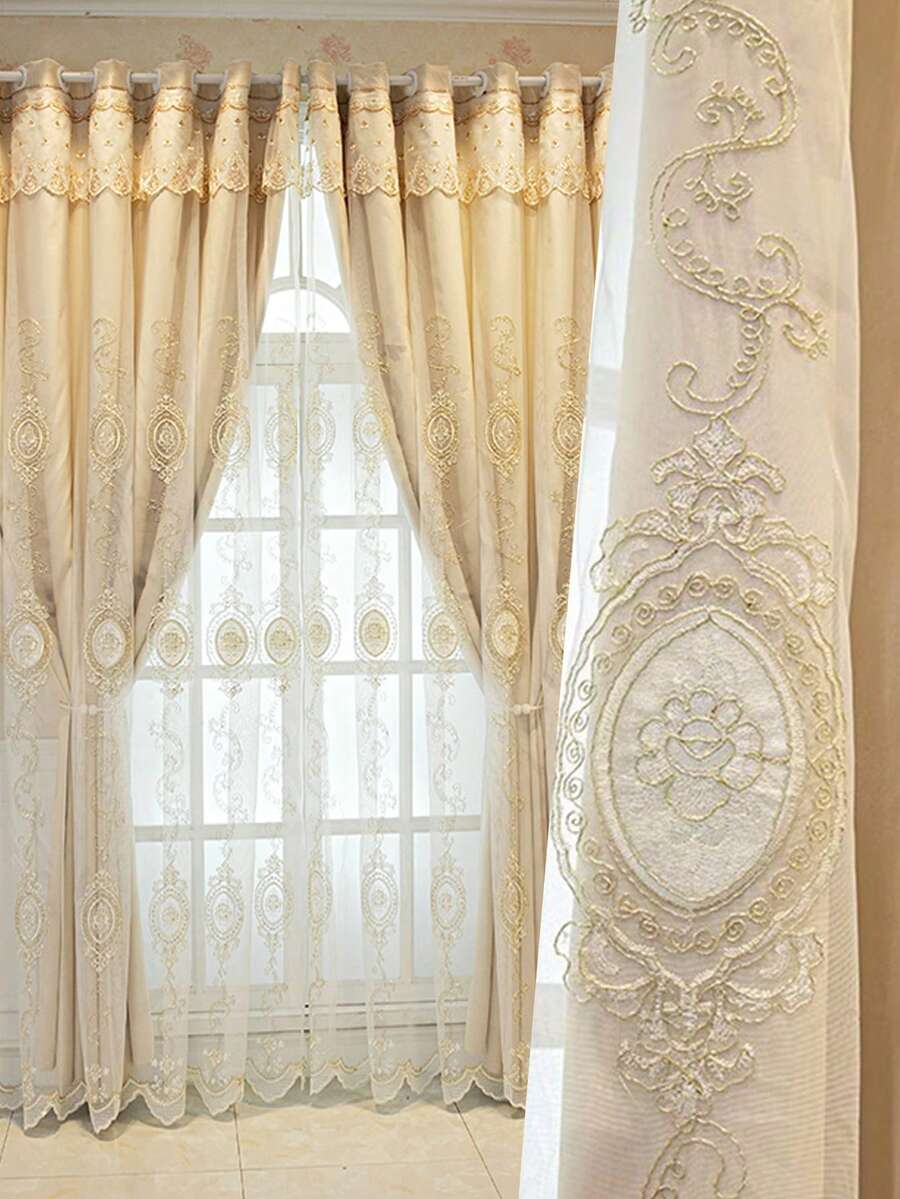 刺繡細節單片窗簾歐式滌綸遮光窗簾適用於客廳和臥室 - 米色 - 查看 1