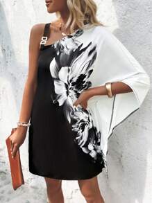 SHEIN LUNE Floral Print Asymmetrical Neck Dress - Black and White - View 1