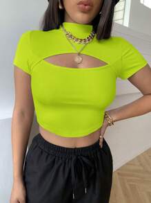 SHEIN Essnce 前鏤空短款T恤 - 青檸色 - 查看 3