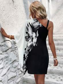 SHEIN LUNE Floral Print Asymmetrical Neck Dress - Black and White - View 2