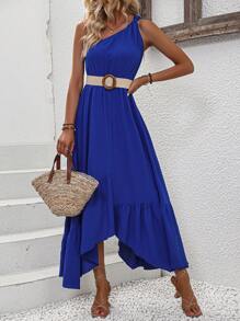 SHEIN VCAY One Shoulder Ruffle Hem Dress Without Belt - Royal Blue - View 7