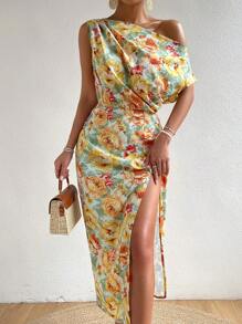 Breezaya Allover Floral Print Asymmetrical Neck Split Thigh Dress - Multicolor - View 1