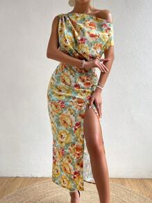 Breezaya Allover Floral Print Asymmetrical Neck Split Thigh Dress - Multicolor - View 3