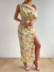 Breezaya Allover Floral Print Asymmetrical Neck Split Thigh Dress - Multicolor - View 4