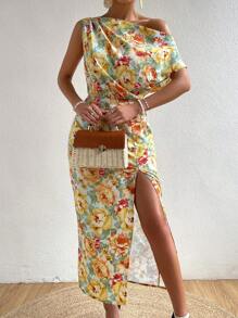 Breezaya Allover Floral Print Asymmetrical Neck Split Thigh Dress - Multicolor - View 6