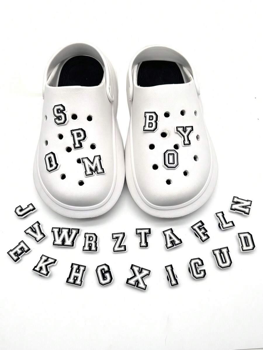 26pcs Letter Design Shoe Decoration, PVC Fashionable Accessories For Clogs Slides - Black and White - View 1