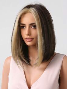 HAIRCUBE 12 ''Bộ Tóc Giả Màu Nâu Với Màu Vàng Điểm Nổi Bật Bộ Tóc Giả Ngắn Thẳng Phần Giữa Tổng Hợp Bộ Tóc Giả - Nhiều màu - Xem 4