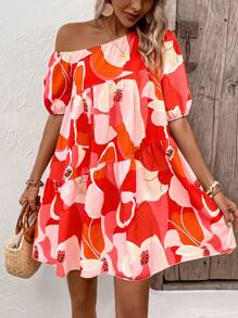 Breezaya Vestido smock con estampado floral de cuello asimétrico bajo con fruncido - Rojo - Ver 1