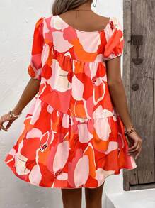 Breezaya Vestido smock con estampado floral de cuello asimétrico bajo con fruncido - Rojo - Ver 2