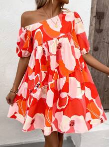 Breezaya Vestido smock con estampado floral de cuello asimétrico bajo con fruncido - Rojo - Ver 3