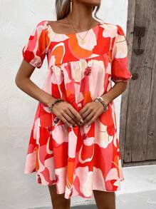 Breezaya Vestido smock con estampado floral de cuello asimétrico bajo con fruncido - Rojo - Ver 6