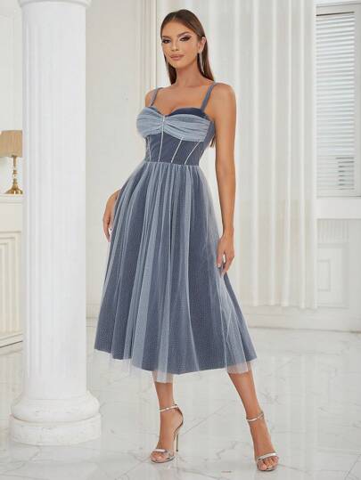 Rhinestone Detail Mesh Overlay Cami Dress