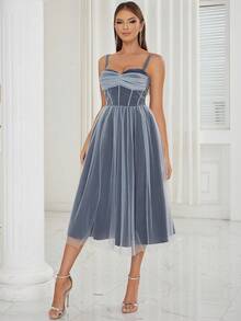 Rhinestone Detail Mesh Overlay Cami Dress - Dusty Blue - View 3