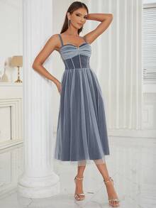 Rhinestone Detail Mesh Overlay Cami Dress - Dusty Blue - View 4